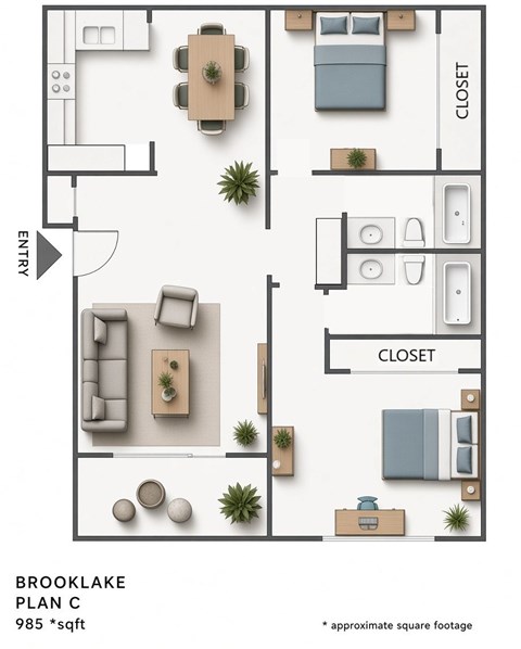 Floor plan for 2 beds, 2 baths, 985 sqft